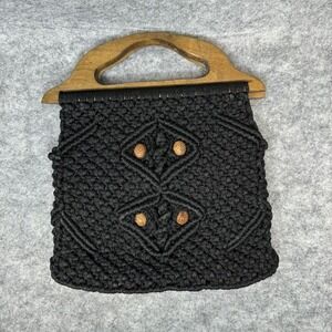Macrame Handbag Black Bamboo Wood Handles Boho Hippie Cottagecore‎ Purse